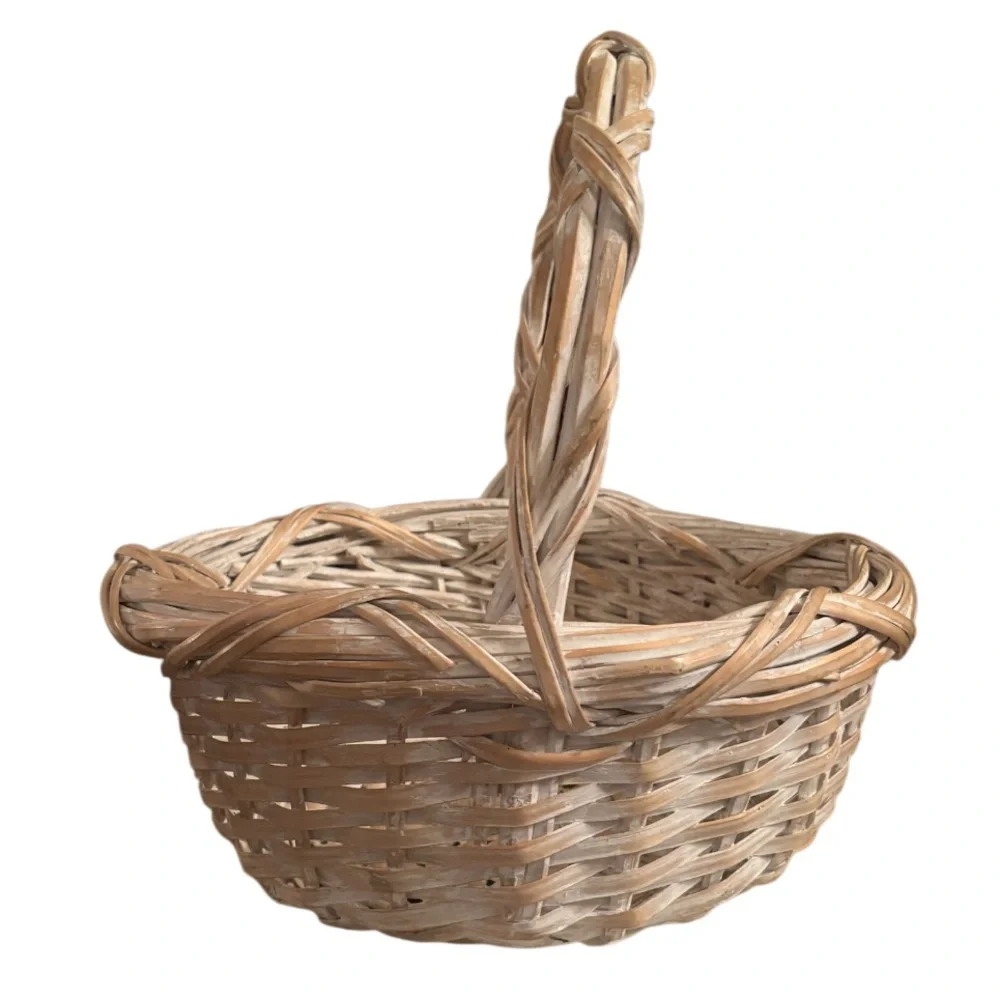 Hand Woven Gathering Basket Handcrafted Whitewashed Farmhouse Cottage Home Decor